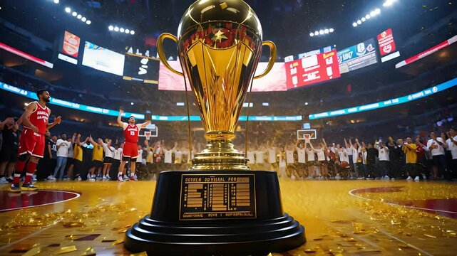 Basketball championship trophy on the court with players and fans celebrating in the background during an intense sporting event.

