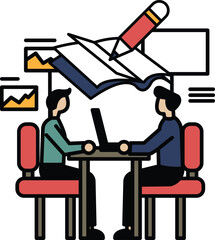 Two men sitting at a table with a book and a pen