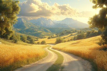 Winding road through golden wheat field, mountain backdrop, sunset
