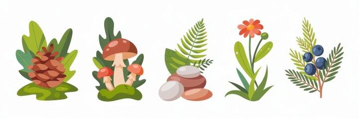 Colorful woodland elements in a decorative arrangement