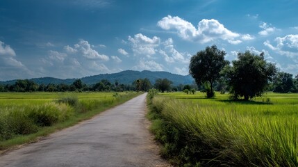 Scenic Country Road Through Green Fields Under Cloudy Sky Landscape