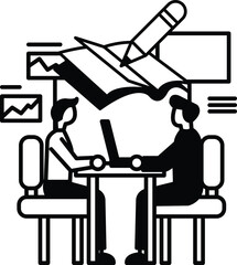 men sitting at a table with a book and a pen