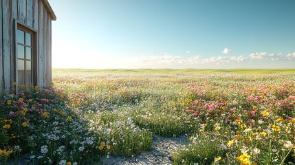 Rustic Barn Doorway Opens to a Vibrant Meadow of Wildflowers Und
