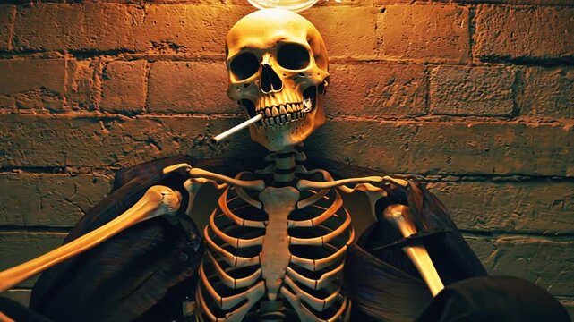 Skeleton with a cigarette smoking.