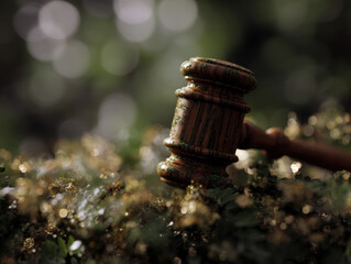 wooden gavel blends into lush forest, symbolizing nature justice