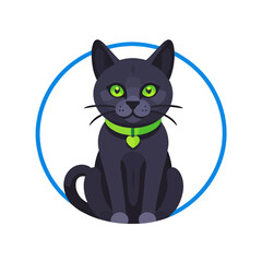 Obraz premium Cute-Black-Cat-Green-Eyes-Collar-Heart-Charm_Cartoon-Vector
