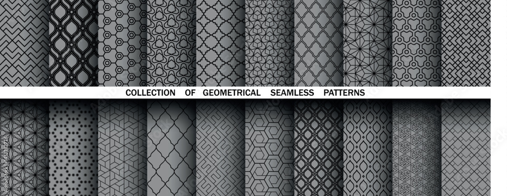 Poster Geometric set of seamless black and gray patterns. Simple vector graphics