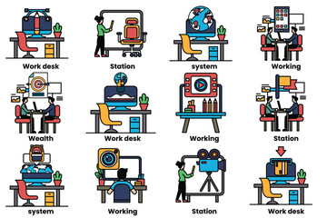 Obraz premium set of illustrations in the concept of office desks and business equipment in a line style