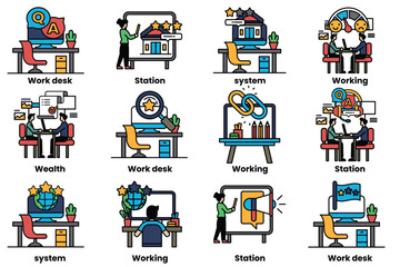 set of illustrations in the concept of office desks and business equipment in a line style