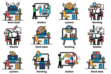 Obraz premium set of illustrations in the concept of office desks and business equipment in a line style