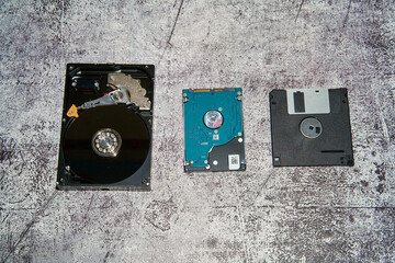 Three data storage devices, a 3.5 inch hard drive, a 2.5 inch hard drive, and a floppy disk arranged in a line on a concrete surface