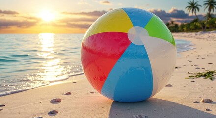 Obraz premium Beach Ball on Sandy Shoreline at Sunset Summer Vacation Concept