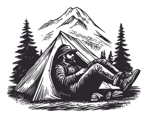 Vintage Woodcut Illustration of Camping Scene in Nature