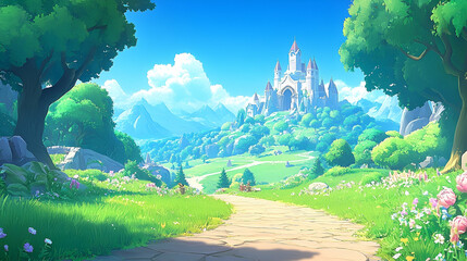 Sunlit path forest scene digital painting