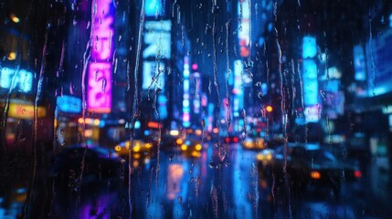Fototapeta premium Raindrops on Glass with City Lights Reflection Ultra700