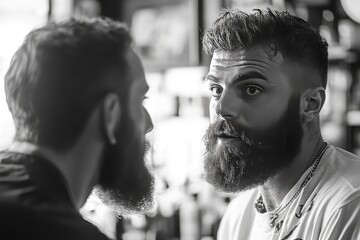 man with a beard discussing grooming products with a barber