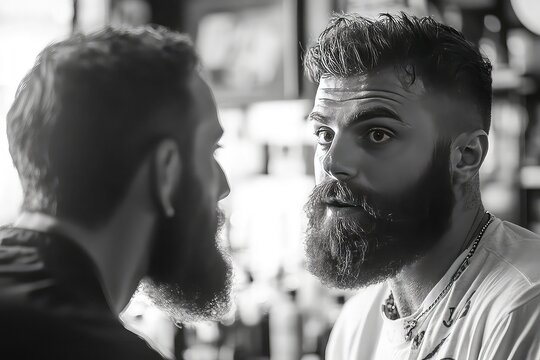 man with a beard discussing grooming products with a barber