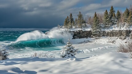 Obraz premium A powerful ocean wave crashes against a snow covered shoreline
