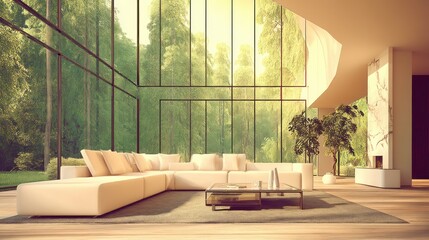 Modern, light-filled living room with floor-to-ceiling windows overlooking a lush forest