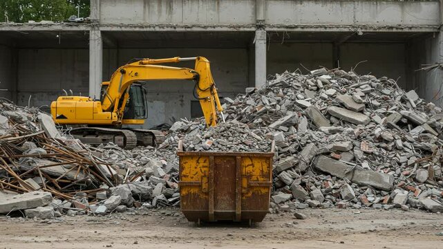 Yellow excavator loading debris into a skip container at a demolition site with a partially destroyed building behind