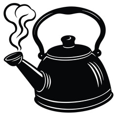 Camping Food & Cooking Gear vector silhouette illustration Kettle silhouette with smoke rising from a classic metal spout, isolated vector