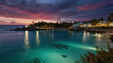 Coastal sunset, tranquil cove, beachfront houses, tropical plants