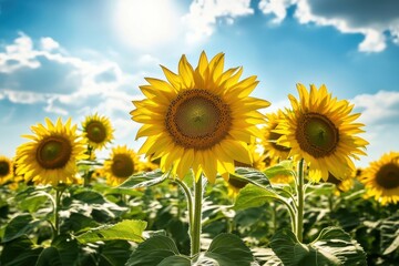 Vibrant sunflower field under clear blue sky, perfect for nature lovers and landscape photographers capturing breathtaking summer landscapes