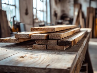 A wooden table in a woodworking workshop with several