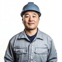 A worker Chinese wearing grey site outfit smiling stand