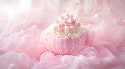 Sweet pink cupcake with marshmallows, steaming, on pink fabric, for food blog or dessert menu