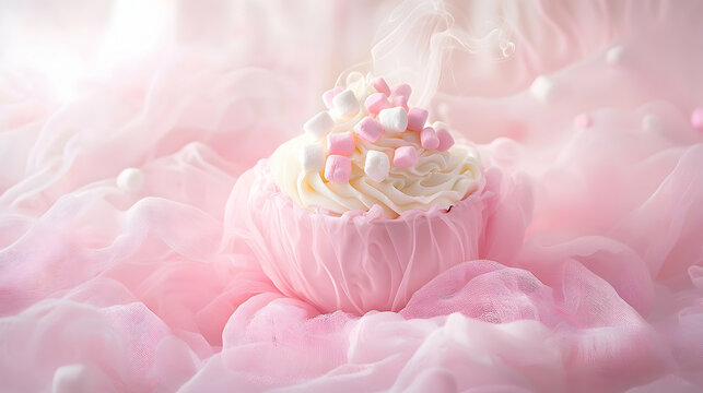 Sweet pink cupcake with marshmallows, steaming, on pink fabric, for food blog or dessert menu