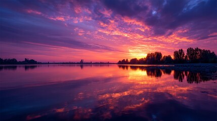Reflecting Water at Sunset with Colorful Sky and Trees Silhouette
