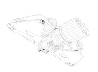 A drawing of a space shuttle with a rocket engine. The drawing is in black and white. The space shuttle is shown in a very detailed manner, with the rocket engine being the main focus