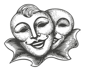 Vintage Engraved Illustration of Two Joyful Comedy Masks