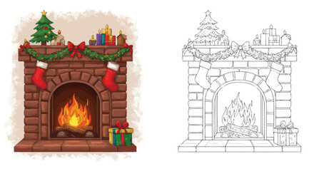 Cozy Holiday Fireplace: A festive holiday fireplace, adorned with a Christmas tree, stockings, and garland, evokes a sense of warmth and anticipation of the holiday season.