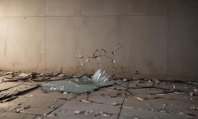 Broken glass and cracked tiles reveal exposed wiring  Grunge aesthetic  ,  shattered tiles,  debris,  industrial