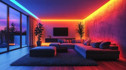 Modern living room, vibrant lighting