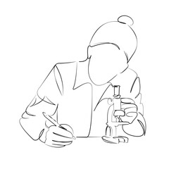 One continuous line art drawing flat illustration science, woman, chemistry, medicine, microscope, experiment. Isolated image hand draw outline on white background, not AI