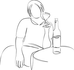 One continuous line art drawing flat illustration girl, woman, alcohol, glass, adult, wine. Isolated image hand draw outline on white background, not AI