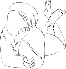 One continuous line art drawing flat illustration girl, happy, woman, young, lying, stomach. Isolated image hand draw outline on white background, not AI