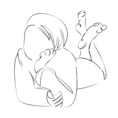 One continuous line art drawing flat illustration girl, happy, woman, young, lying, stomach. Isolated image hand draw outline on white background, not AI