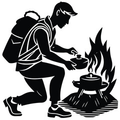 Camping Food & Cooking Gear vector silhouette illustration Silhouette of backpacker cooking a meal on tiny stove, side view