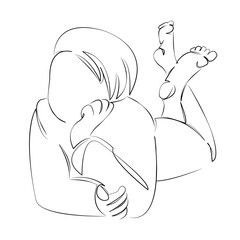 One continuous line art drawing flat illustration girl, happy, woman, young, lying, stomach. Isolated image hand draw outline on white background, not AI