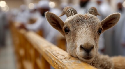 Fototapeta premium Close-up of Young Goat Peeking Over Fence in Crowded Setting