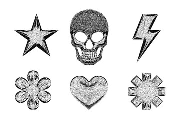Stippled grunge objects -  star, skull, lightning bolt, flower, heart and abstract geometric shape on a white background.