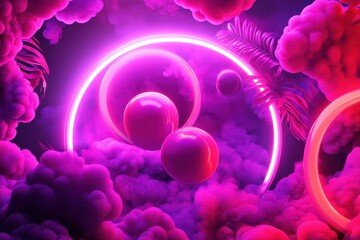 Abstract neon pink and purple smoke scene with floating spheres and rings