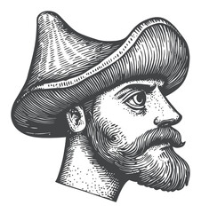 Vintage Engraving of a Man in a Large Hat with Mustache Profile View