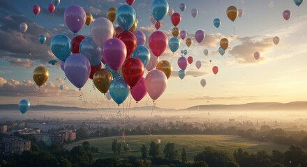Fototapeta premium Colorful Balloons Floating Over Cityscape at Sunrise with Soft Haze