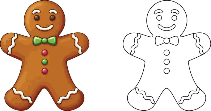 Gingerbread Man Delight: A charming gingerbread man with icing details, in both color and line art form, offers a delightful festive treat to ignite a childlike glee, perfect for the holiday season.