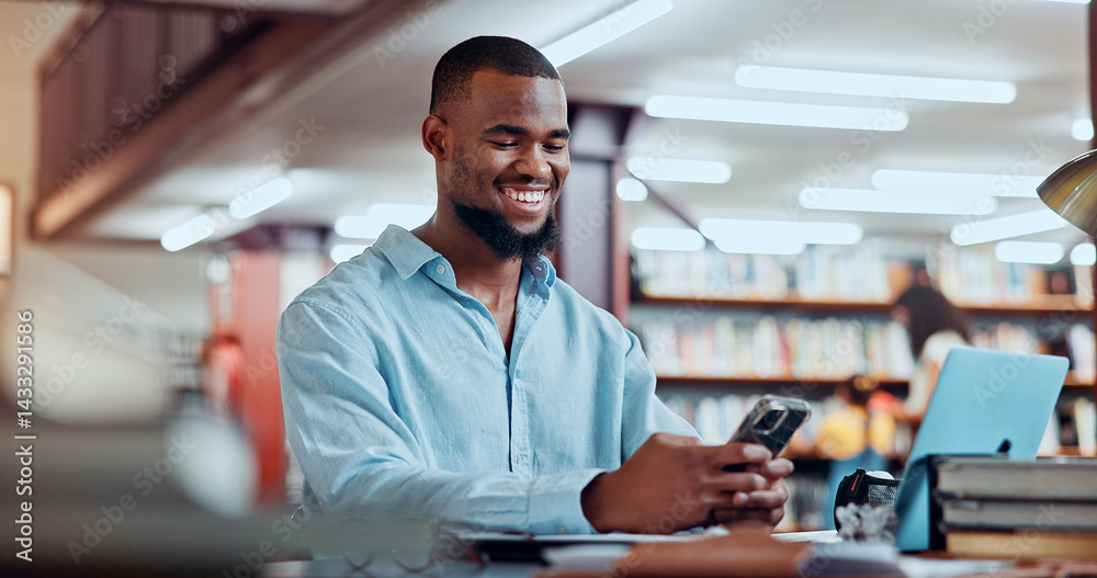 Poster Smile, black man and student with phone in library for social media, reading chat and university app. Person, mobile and communication for learning, scholarship application and studying notification